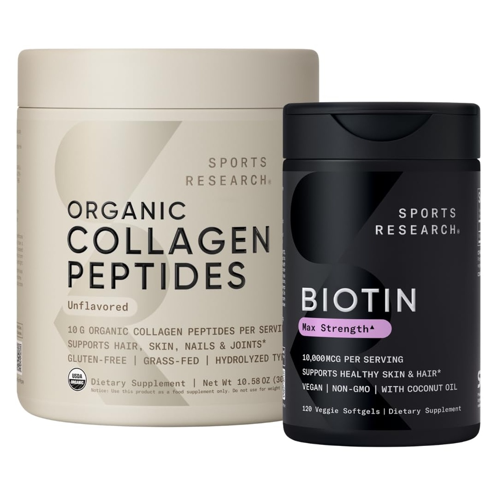 Sports Research® Hair, Skin & Nails Bundle - Organic Collagen Peptides (Unflavored, 30 Servings) & Max Strength Biotin (Vitamin B7) 10,000mcg - for Women and Men