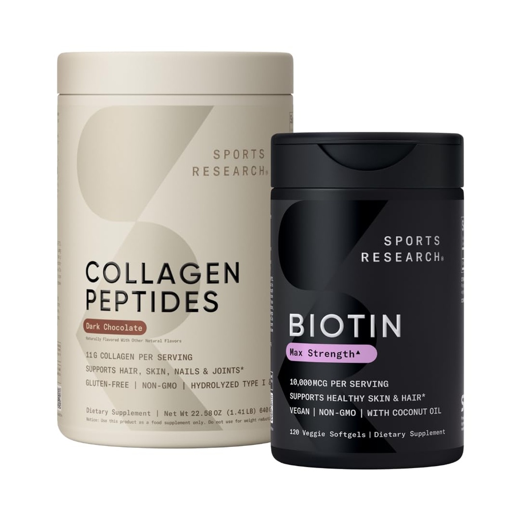 Sports Research® Hair Essentials Pack - Dark Chocolate Collagen Powder Protein Supplement (40 Servings) and Biotin (Vitamin B7) 10,000mcg with Organic Coconut Oil (120 Softgels)