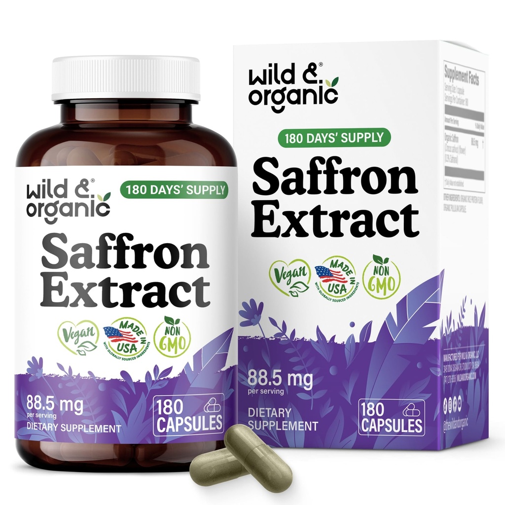 Wild & Organic Saffron Extract Capsules 88.5 mg - Mood, Focus, Eye Support - Natural Saffron Supplements - Crocus Sativus Powder - 180 Days of Supply - Vegan, Non-GMO - 180 Count
