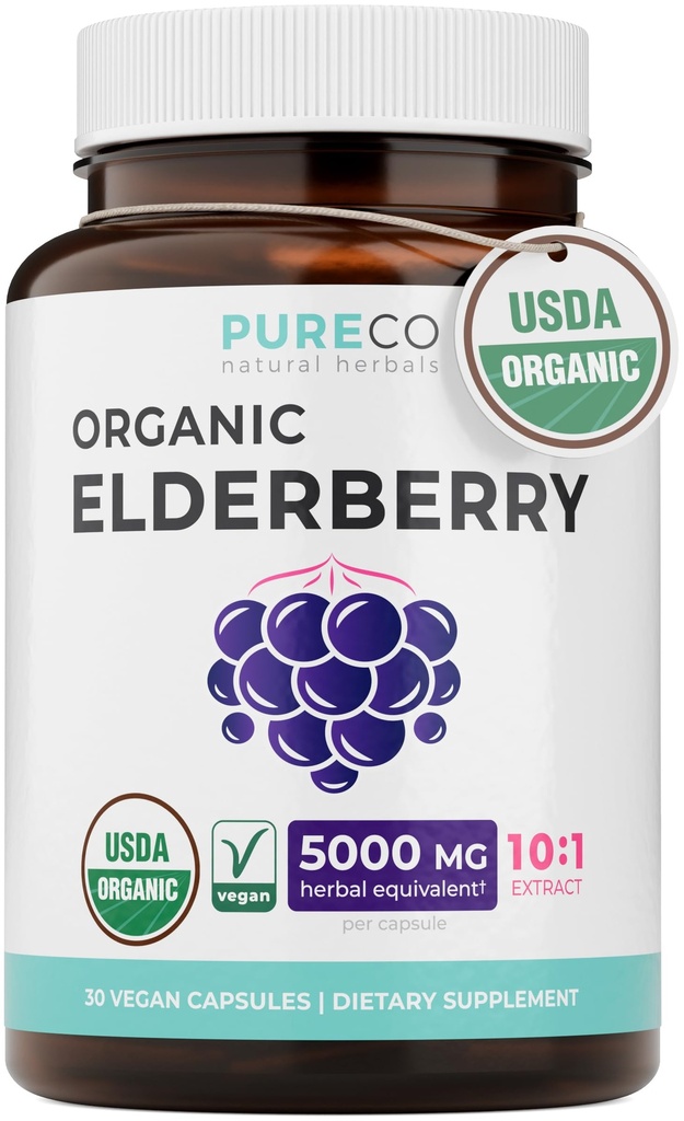 Biologische Vlierbessen Capsules - 10:1 Extract is gelijk aan 5000 mg verse Vlierbessen (Veganist) voor Immune Support, Allergie, Sinus Relief - Sambucus Nigra - Zwarte Vlierbessen - 30 Caps (Geen pillen of Gummies)