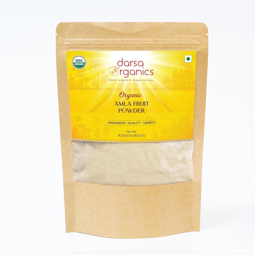 Darsa Organics Amla Powder from India 8oz - Indian Gooseberry Plant Powder Rich in Vitamin C & Antioxidants, Perfect for Herbal Tea, Supports Hair Growth, Skin Health & Immunity, Smoothies & Masks