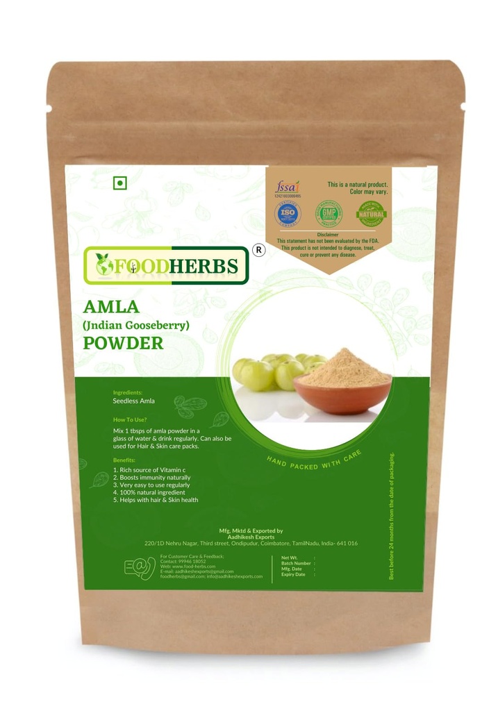 Foodherbs Amla Powder | 100% Pure Phyllanthus Emblica | Natural Indian Gooseberry for Hair & Skin | 200g | Rich in Vitamin C | DIY Hair Masks & Skin Brightening Face Packs