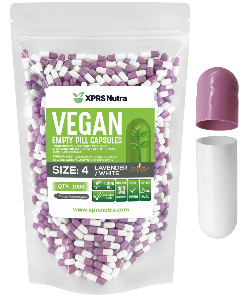 XPRS Nutra Size 4 Empty Capsules - 1000 Count Small Empty Vegan Capsules- Vegetarian Pills - DIY Vegetable Capsule Filling - Fillable Do-It-Yourself Caps for Supplements (Lavender/White)