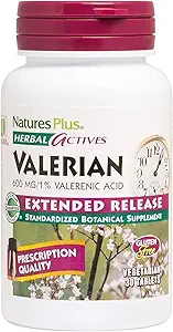 Natures Plus Herbal Actives Valeriaan Uitgebreide Release Tablets - 600 mg, 30 Vegan tabletten - Vegetarisch, Glutenvrij - 30 porties