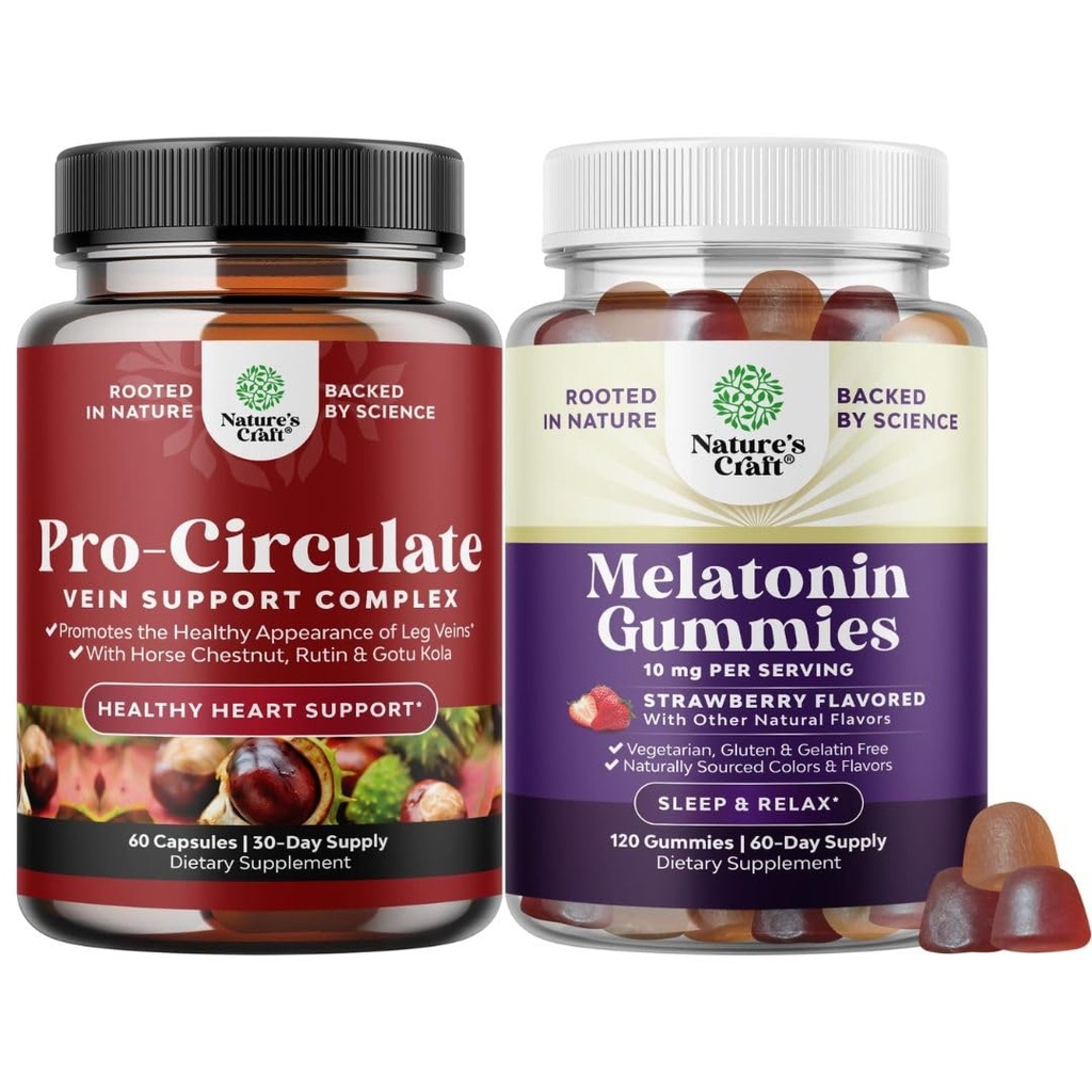 Bundle of Vein Support Supplement for Leg and Veins - Full Body Supplement for Spider & Varicose Veins and Melatonin Gummies 10mg per Serving - Melatonin for Adults Enhanced Sleep Quality & Duration