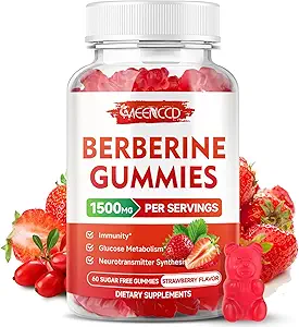 2 Pack Berberine Gummies met Ceylon Cinnamon 1500mg High Potency Berberine HCL Supplement voor Immune Support, Sugar Free, Vegan, Aardbei smaak, 120 Tellen