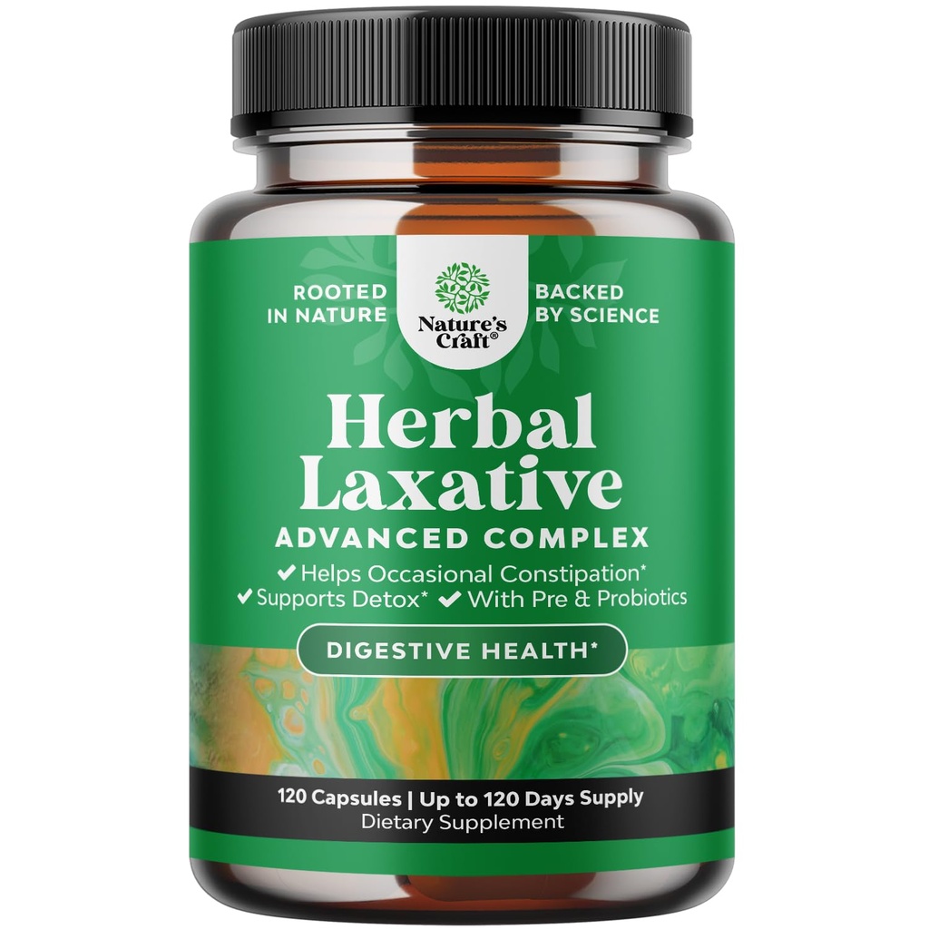 Herbal Laxative Capsules with Probiotics – Gentle Laxative for Women and Men with Senna Leaf, Psyllium Husk and Cascara Sagrada - Senna Pills for Colon Cleanse and Detox Support - 120 Count