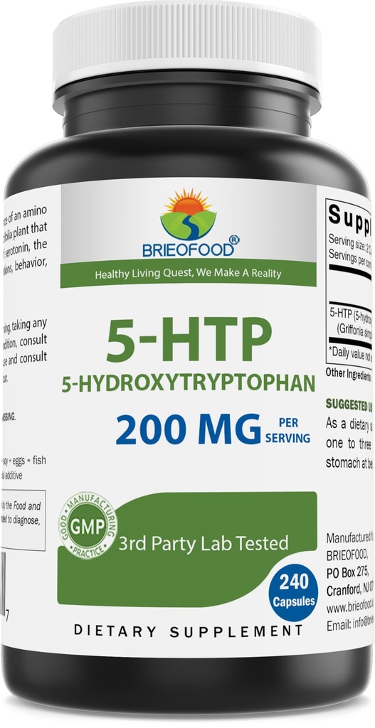 Brieofood 5-HTP 200mg per portie - 240 Capsules - 5-Hydroxytryptofaan voor gezonde ontspanning - 3rd Party Lab getest