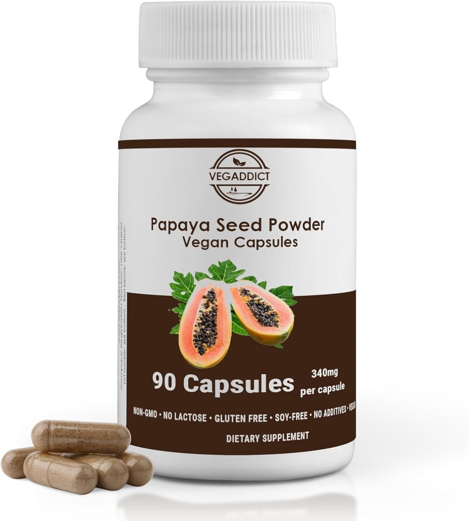 Papaya Seed Powder Capsules | High Papaya Enzyme (Papain) Content | Gluten & Lactose Free | Non-GMO | No Additives | Vegan | Nutritional Supplement | Quality Controlled (90 Capsules)