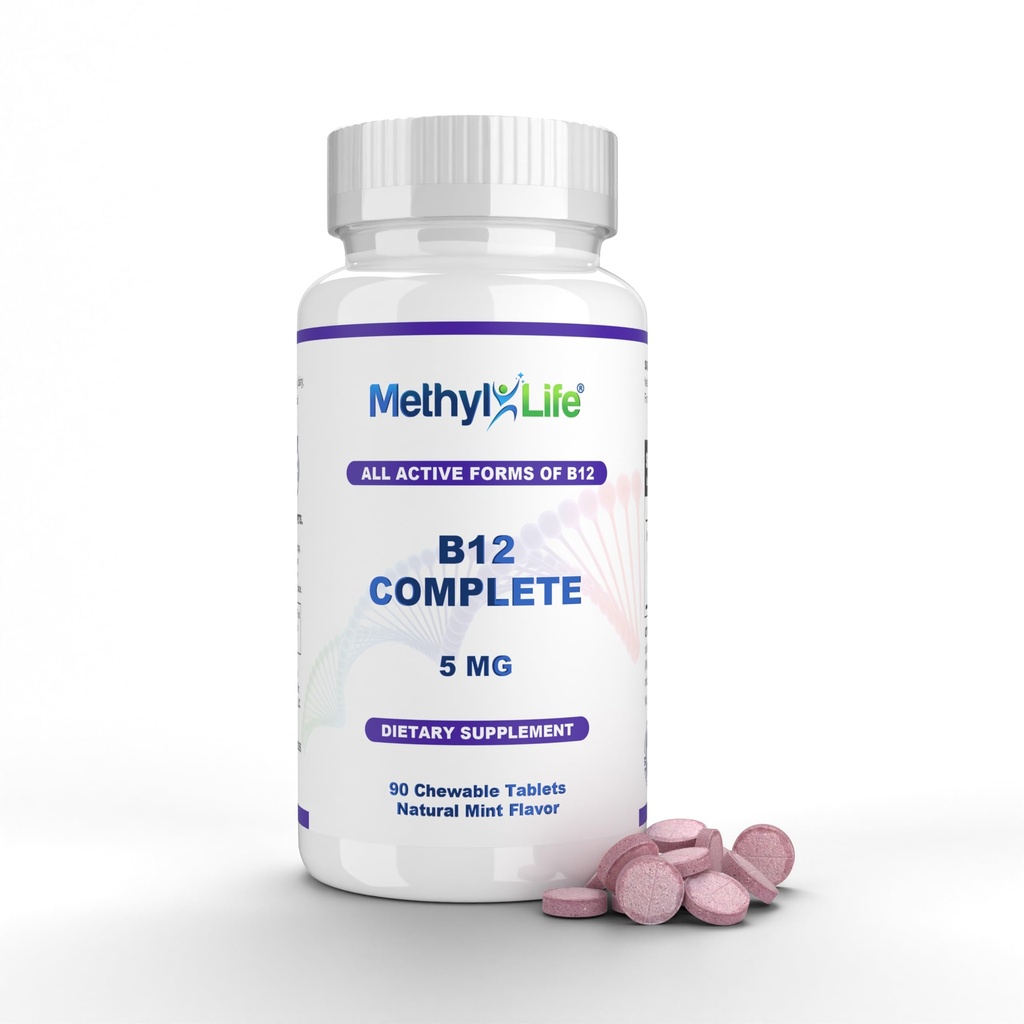Methyl-Life B12 Complete professionele sterkte actieve B12 3 maanden levering. Kauwtabletten. 2,5 mg Methylcobalamine Methyl, 1,25 mg Hydroxocobalamine (Hydroxy) en 1,25 mg Adenosylcobalamine