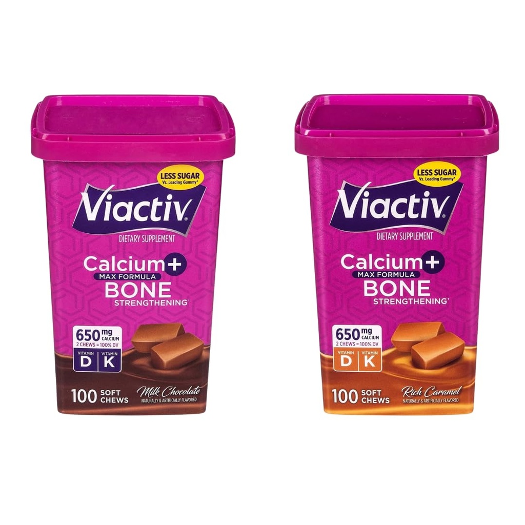 Vi-Activ Max Formula Calcium + Vitamin D3 Supplement for Bone Health, Rich Caramel and Milk Chocolate, 100 Soft Chews Each (Total 200 Chews)