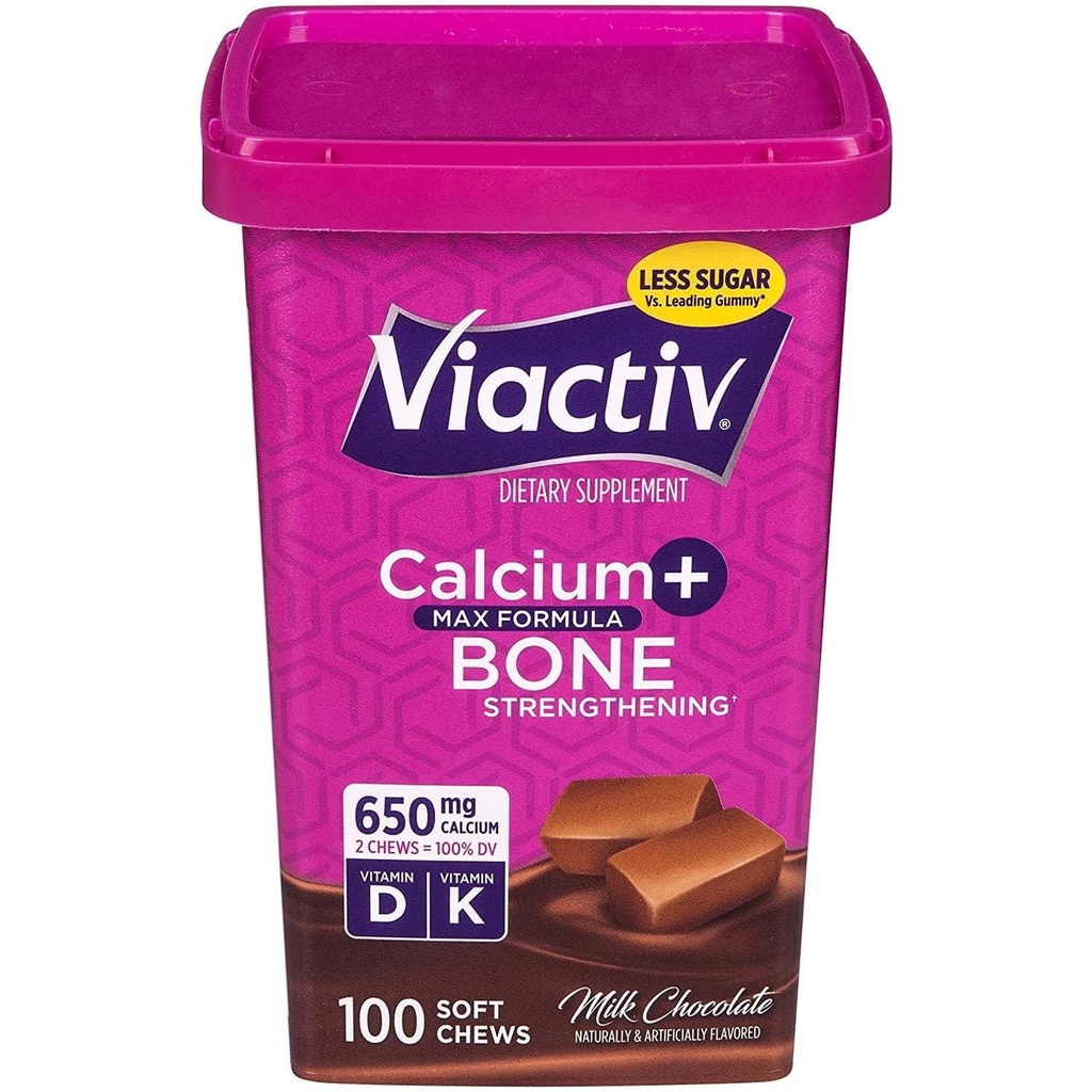 Vi-Activ Max Formula Calcium + Vitamin D3 Supplement for Bone Health | Milk Chocolate | 100 Soft Chews (Total 100 Chews)