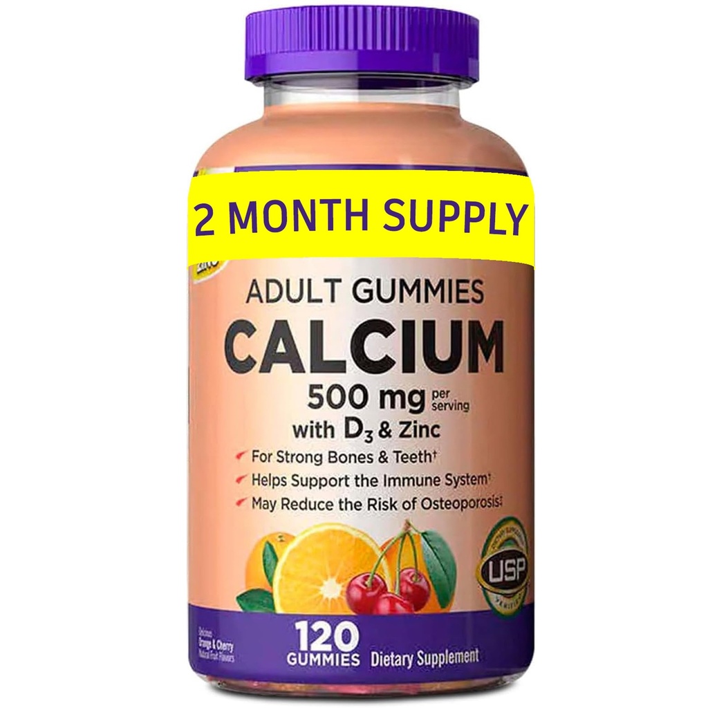 KS Calcium 500 mg with Vitamin D3 1000 IU & Zinc – 120 Gummies (2-Month Supply) – Bone, Teeth & Immune Support for Adults – Natural Orange & Cherry Flavors – USP Verified