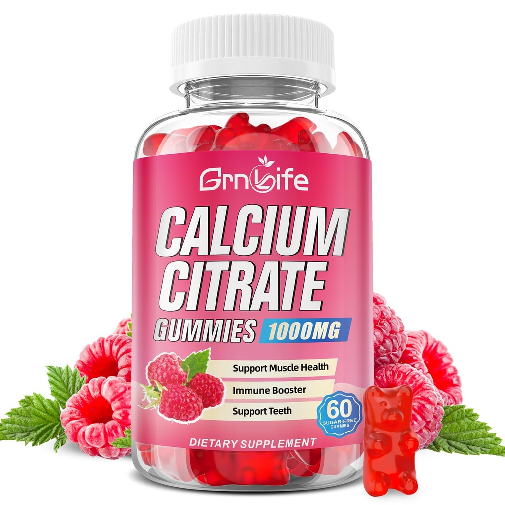 Calcium Citrate Gummies, Sugar Free Calcium Citrate 1000mg for Muscle Healthy, Absorption Calcium Supplements for Adults & Kids, Raspberry, 60 Count
