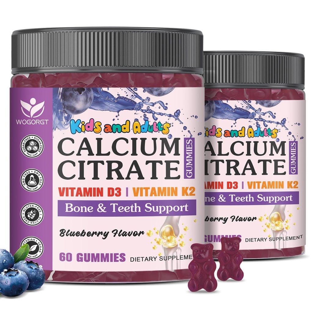 Kids Calcium Gummies - 600mg / 1200mg Calcium Citrate Gummies Supplement with Vitamin D3 & K2 for Kids & Adults - Bone, Teeth, Immune Support - Vegan, Sugar Free, Blueberry Flavor, 60 Ct (2Pack)