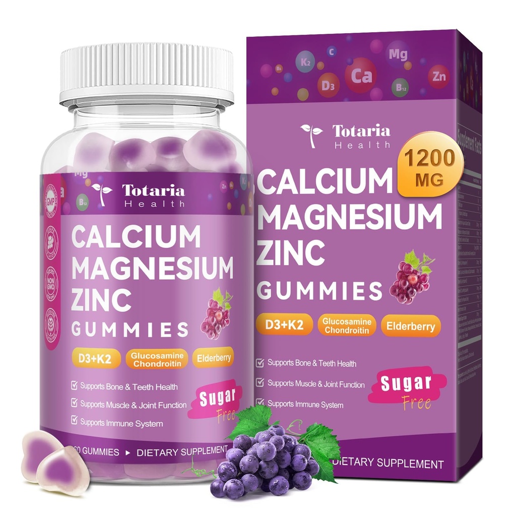 Totaria Sugar Free Calcium Magnesium Zinc Gummies for Women Men, 19-in-1 Ultimate Absorption Calcium 1200 mg Supplements with Vitamin D3 K2, Boron, B12, Ashwagandha, for Bone, Teeth, Calm, Vegan