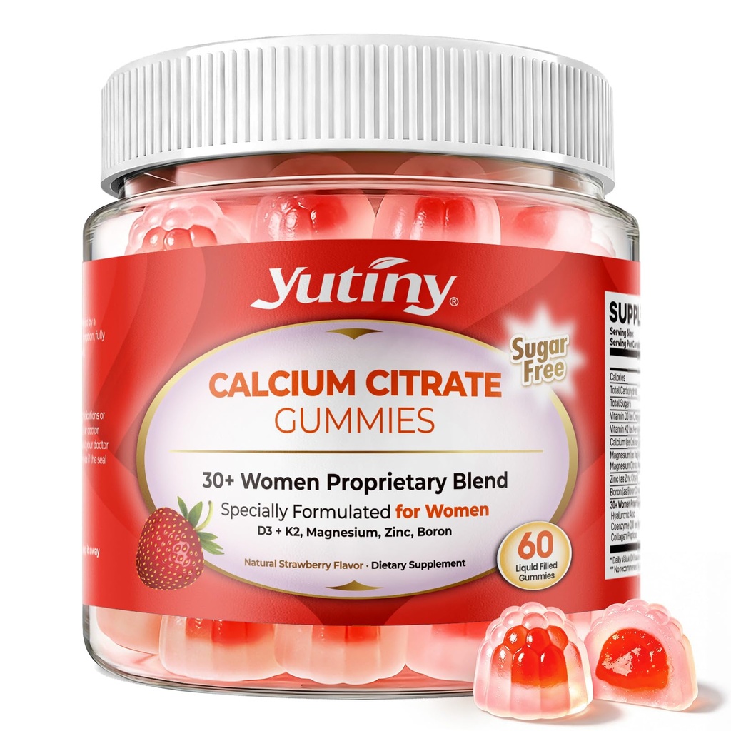 Calcium Supplement for Women Gummies 1200 mg, Calcium Citrate with Vitamin D3 K2 Magnesium Zinc, Overall Health, Sugar Free, Strawberry Flavor, 60 Chewables