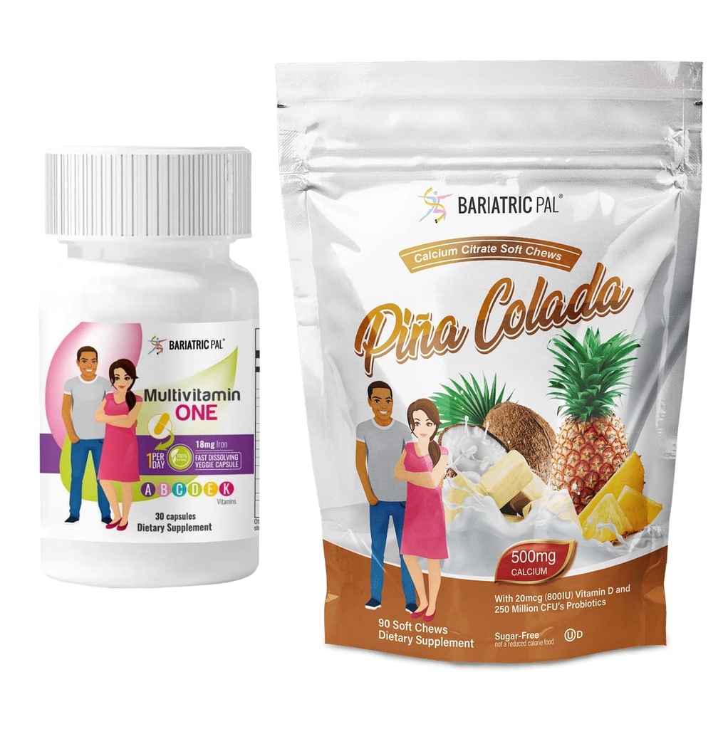 BariatricPal 30-Day Bariatric Vitamin Bundle (Multivitamin ONE 1 per Day! Capsule with 18mg Iron and Calcium Citrate Soft Chews 500mg with Probiotics - Piña Colada)