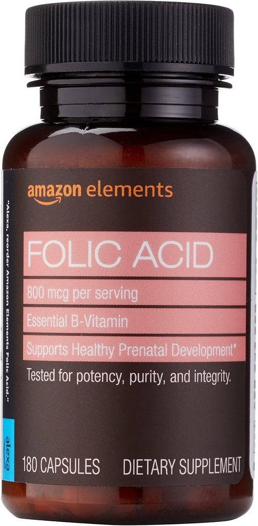 Elementen - Foliumzuur, 800 mcg per portie, Tablet, 180 Tel, Pack of 1, Women's Dietary Supplement for Healthy Prenatale Development, 6 maanden van levering