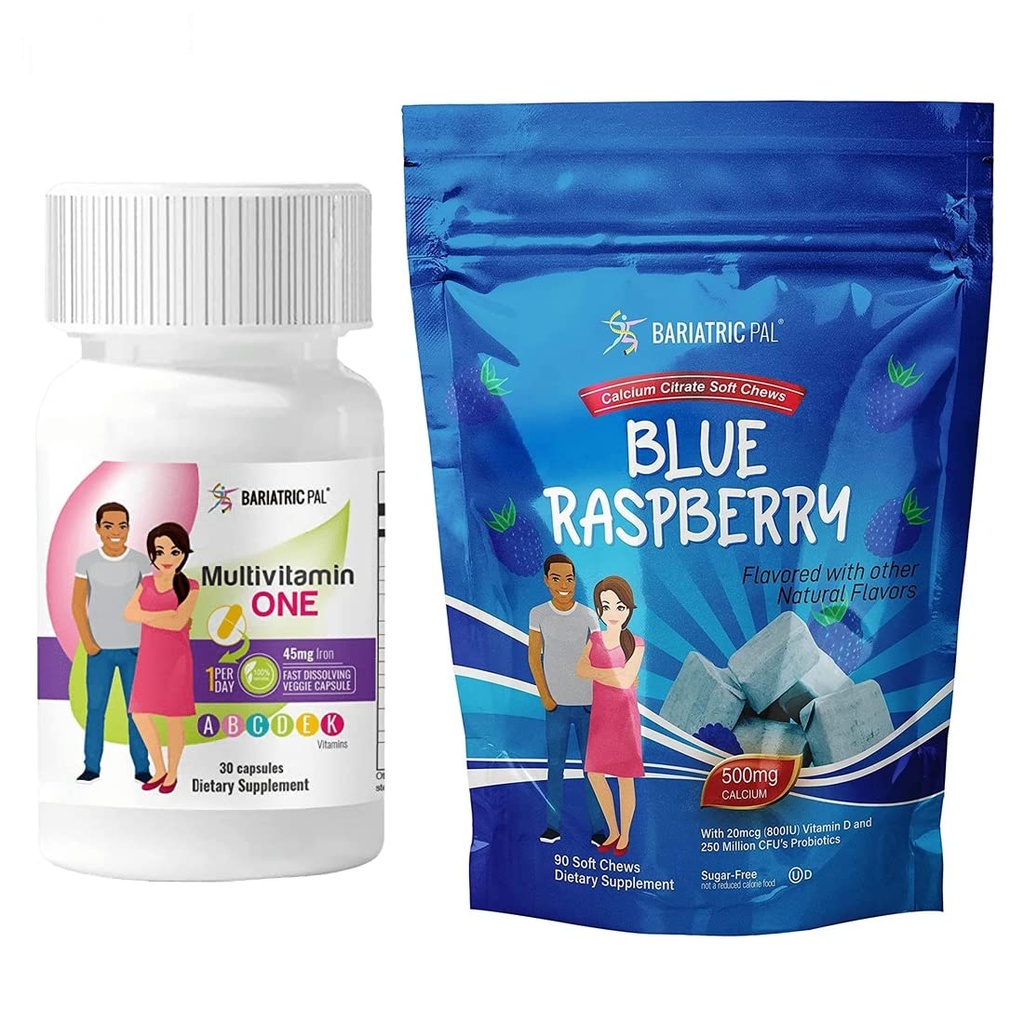 BariatricPal 30-Day Bariatric Vitamin Bundle (Multivitamin ONE 1 per Day! Capsule with 45mg Iron and Calcium Citrate Soft Chews 500mg with Probiotics - Blue Raspberry)