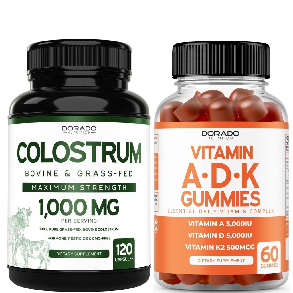 Colostrum (120 Count) Runder Colostrum Capsules Supplement voor volwassenen en ADK Vitamine D3 (60 Gummies) D & K - 10 Vegan Supplement - Heerlijke Raspberry Flavor - Niet GGO Derde partij getest - USA Made