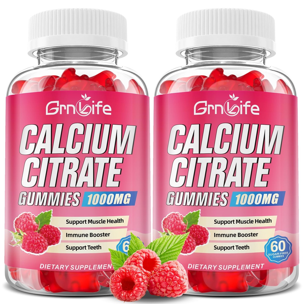 2 Pack Calcium Citrate Gummies, Sugar Free Calcium Citrate 1000mg for Muscle Healthy, Absorption Calcium Supplements for Adults & Kids, Raspberry, 120 Count