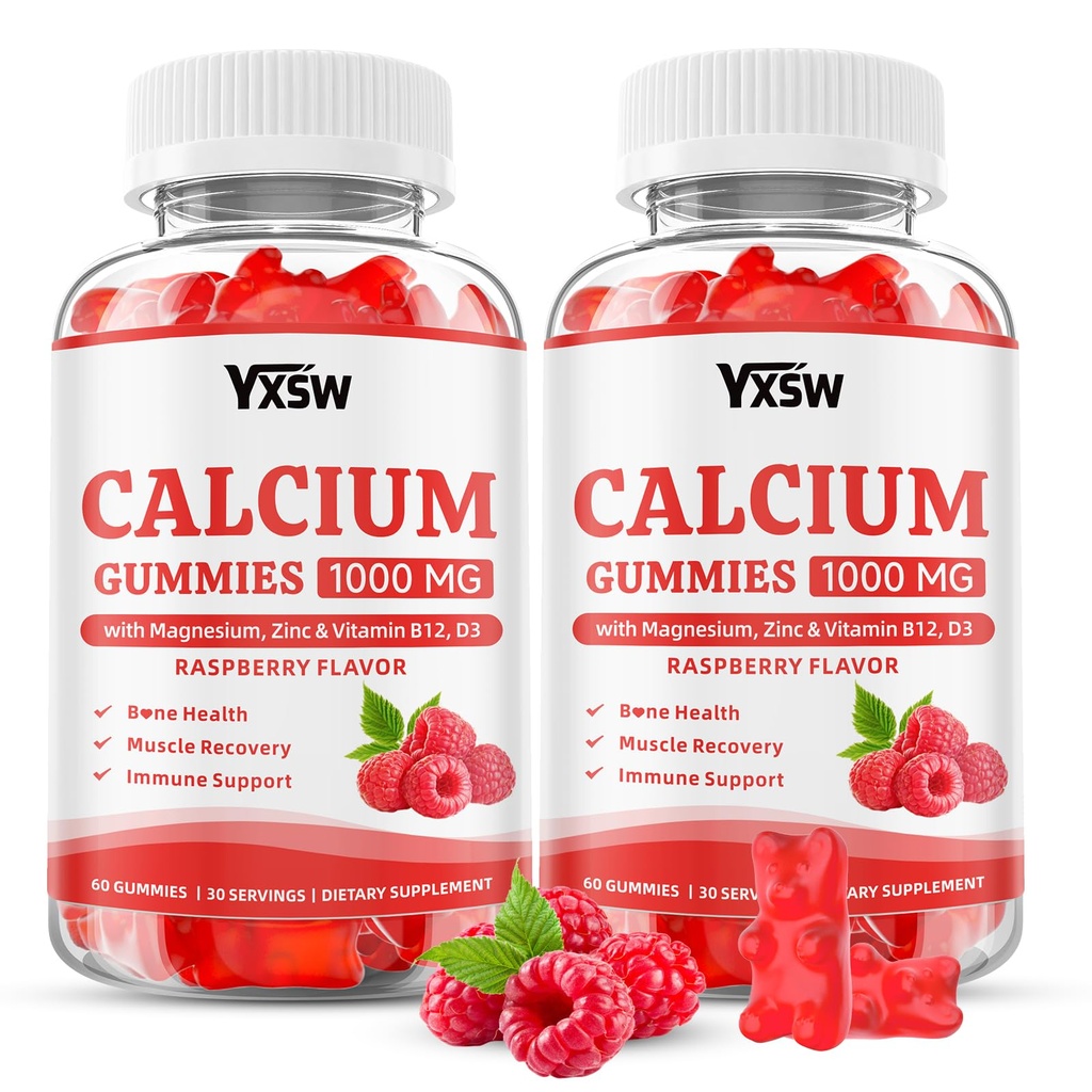 Calcium Gummies 1000mg with Vitamin D3 K2 & B12 Complex, High Absorption Potassium, Calcium Magnesium Zinc Supplement for Bone, Muscle, Mood and Immunity Support, Raspberry Flavor, 120 Count