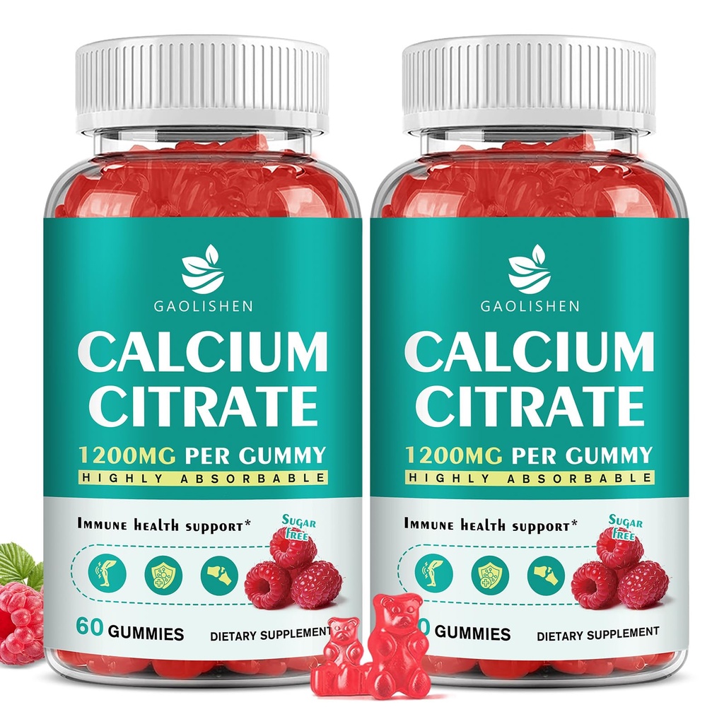 Sugar Free Calcium Citrate 1200mg with Vitamin D3 Supplements Gummies, Calcium Gummies with Vitamin D3, K2 for Women & Men, Raspberry Flavor, 60 Day Supply