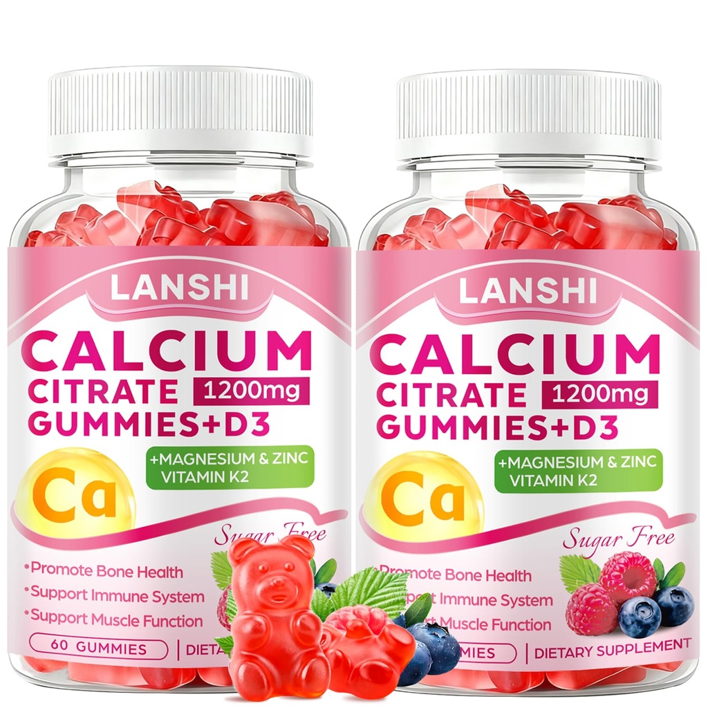 Calcium Citrate Gummies 1200mg with Vitamin D3 & K2 Supplements for Women & Men, High Absorption Calcium Gummies Plus Magnesium, Zinc for Strong Bones & Immune Support Mixed Berry Flavor, 2 Pack
