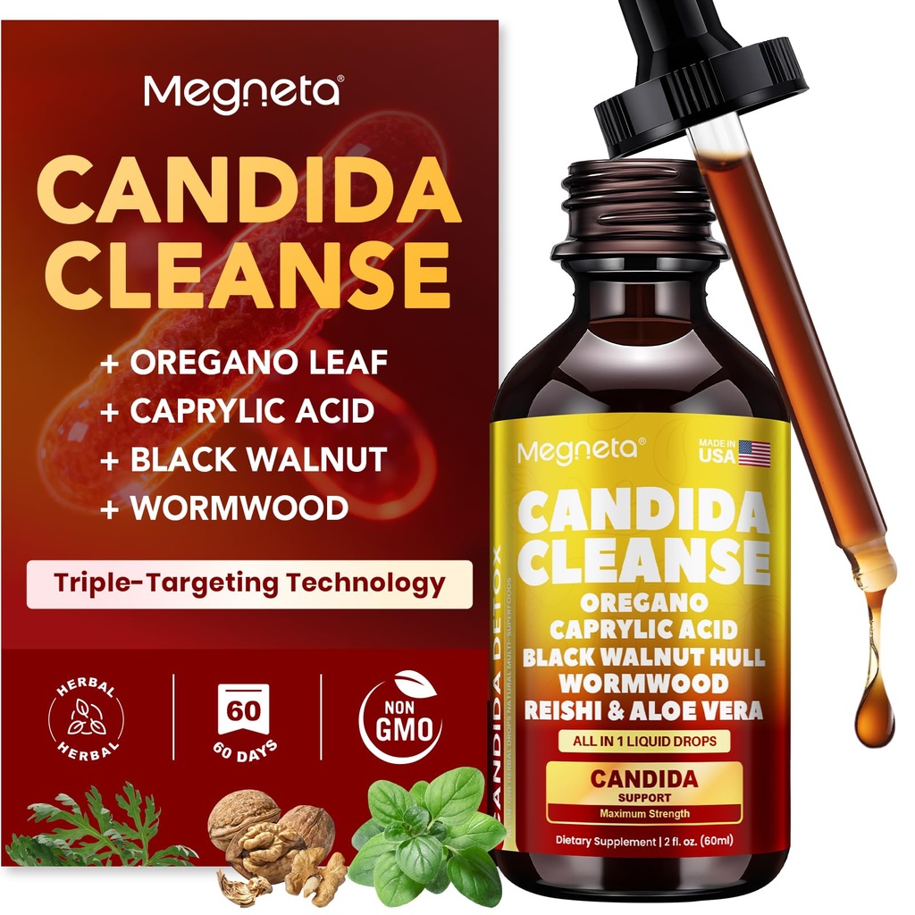 Candida Cleanse Detox with Triple-Targeting Technology, All-in-1 Synergy Formula with Caprylic Acid, Oregano, Black Walnut & Wormwood – Yeast Detox, Gut Health, Digestive & Immune Health (2 Fl Oz)