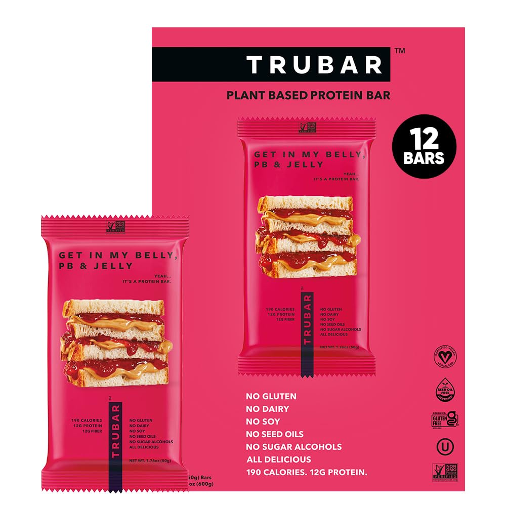 TRUBAR Vegan Protein Bar, Get In My Belly Pb & Jelly, Gluten Free, Plant Based, High Fiber, Dairy Free, Low Fat, Non GMO, No Sugar Alcohols, 12G Lean Protein, 13G Fiber, Healthy Snack Bars, 12 CT