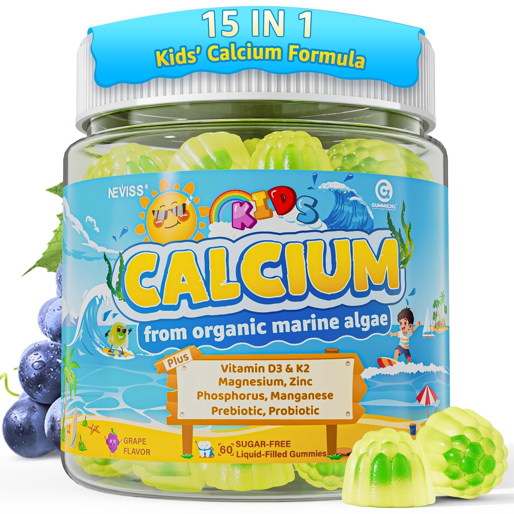 Kids Calcium Gummies + Vitamin D3 (1000IU/2000IU), K2, Magnesium, Phosphorus, Probiotic, Algae Calcium Supplement for Kids 4+ & Teens for Bones & Teeth, Extra Calcium Absorption, Sugar Free, 60 Counts