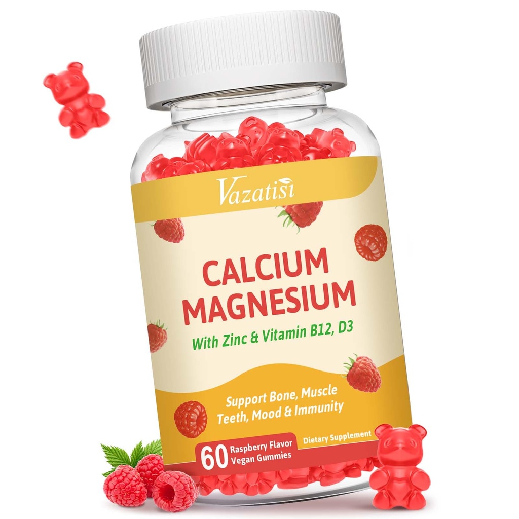 Calcium Gummies with Magnesium, Zinc, Vitamin D3 & B12, Calcium Supplements for Women Men, Support Bone, Muscle and Immunity, 60 Vegan Raspberry Flavor Gummies