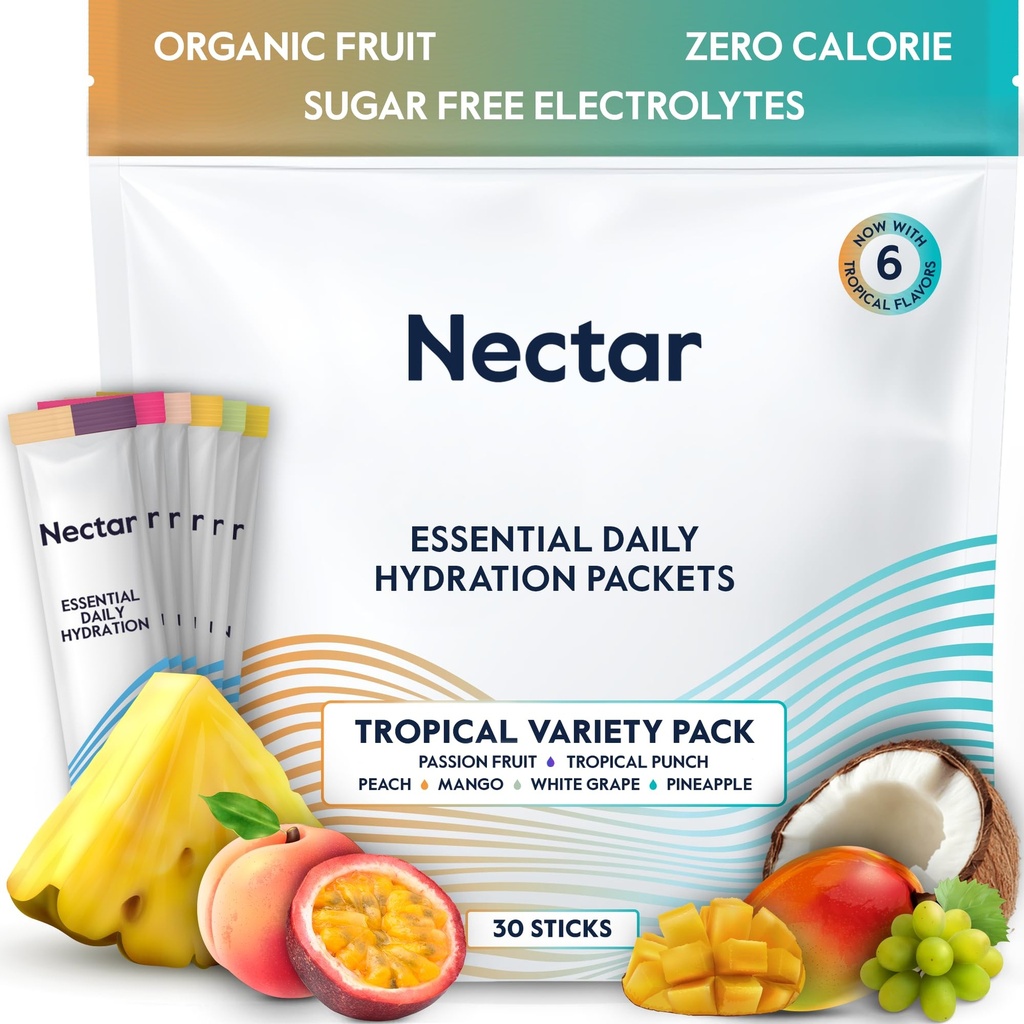 Nectar Hydration Packets - Electrolytes Powder Packets - Sugar Free & 0 Calorie - Organic Fruit Liquid Daily IV Electrolytes Powder for Dehydration Relief & Rehydration (Tropical Variety 30 Pack)