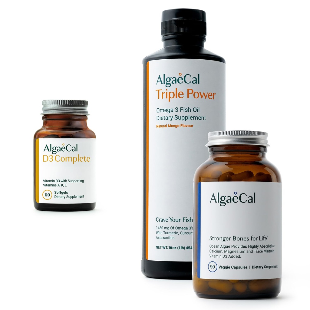 ALGAECAL Bundle - D3 (1000 IE) + K2, Vitamine E, Vitamine A (1000 IE) & Plant-based Calcium voor botondersteuning & Omega 3 met 1200 mg EPA DHA
