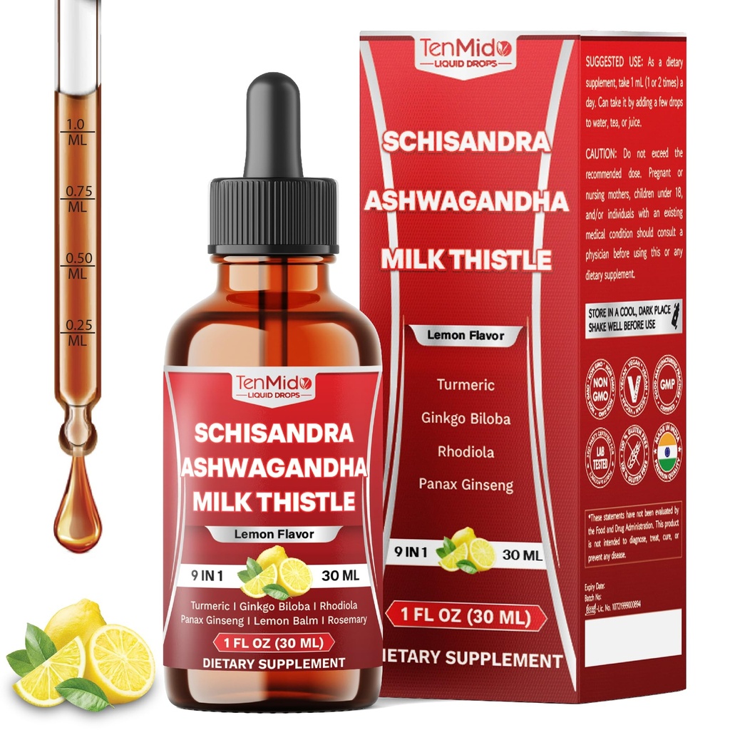 9in1 Schisandra Berry Extract Liquid Drops with Ashwagandha, Milk Thistle, Turmeric Curcumin, Ginkgo Biloba, Rhodiola, Panax Ginseng, Lemon Balm, & Rosemary - 30 Days Supply - 1FL Oz