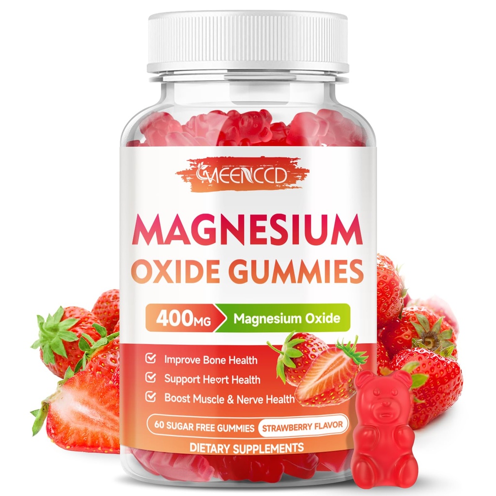 Magnesiumoxide Gummies 400mg, Kauwbaar magnesiumoxide supplement voor volwassenen en kinderen, zenuw- & spierondersteuning, non-GMO, suikervrije, aardbeien smaak, 60 Tellen