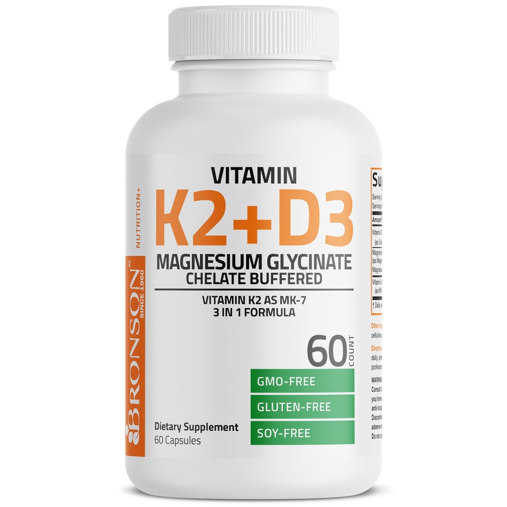 Bronson Vitamin K2+D3 Magnesium Glycinate Supplement, 3-in-1 Formula, 60 Capsules