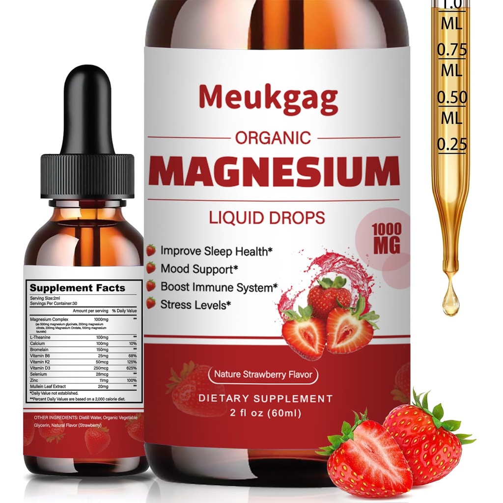 Magnesium Glycinate Liquid - 1000mg Liquid Magnesium Complex Supplement with Bromelain, D3, B6 & K2 - Magnesium Glycinate 500mg for Calm Mood/Muscle & Sleep, Strawberry Flavor, 2fl Oz