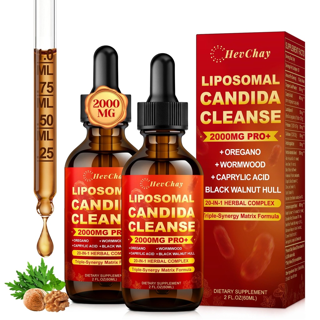 Liposomal Candida Cleanse Drops 2000mg - 20-in-1 Candida Detox for Women & Men with Caprylic Acid, Oregano, Black Walnut & Wormwood – Yeast Detox, Gut & Colon Support, Digestive & Immune, 4 Fl Oz