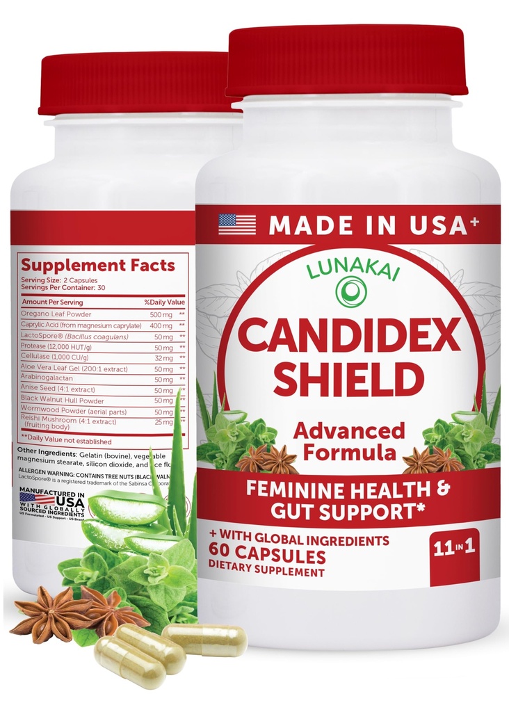 Lunakai USA Made Candida Cleanse Detox for Women & Men – 11-in-1 Gut Cleanse & Candida Support with Caprylic Acid for Daily Yeast Balance, 60ct