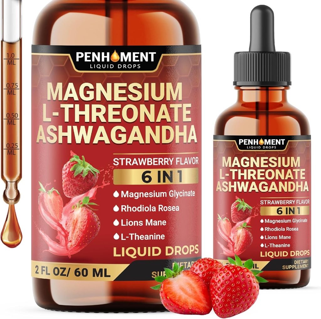 6in1 Magnesium L-Threonaat vloeibare druppels met Ashwagandha, Magnesium Glycinate en 3 Meer - Hersenondersteuning en Immune - 2 Fl Oz voor 30 dagen - Aardbei smaak