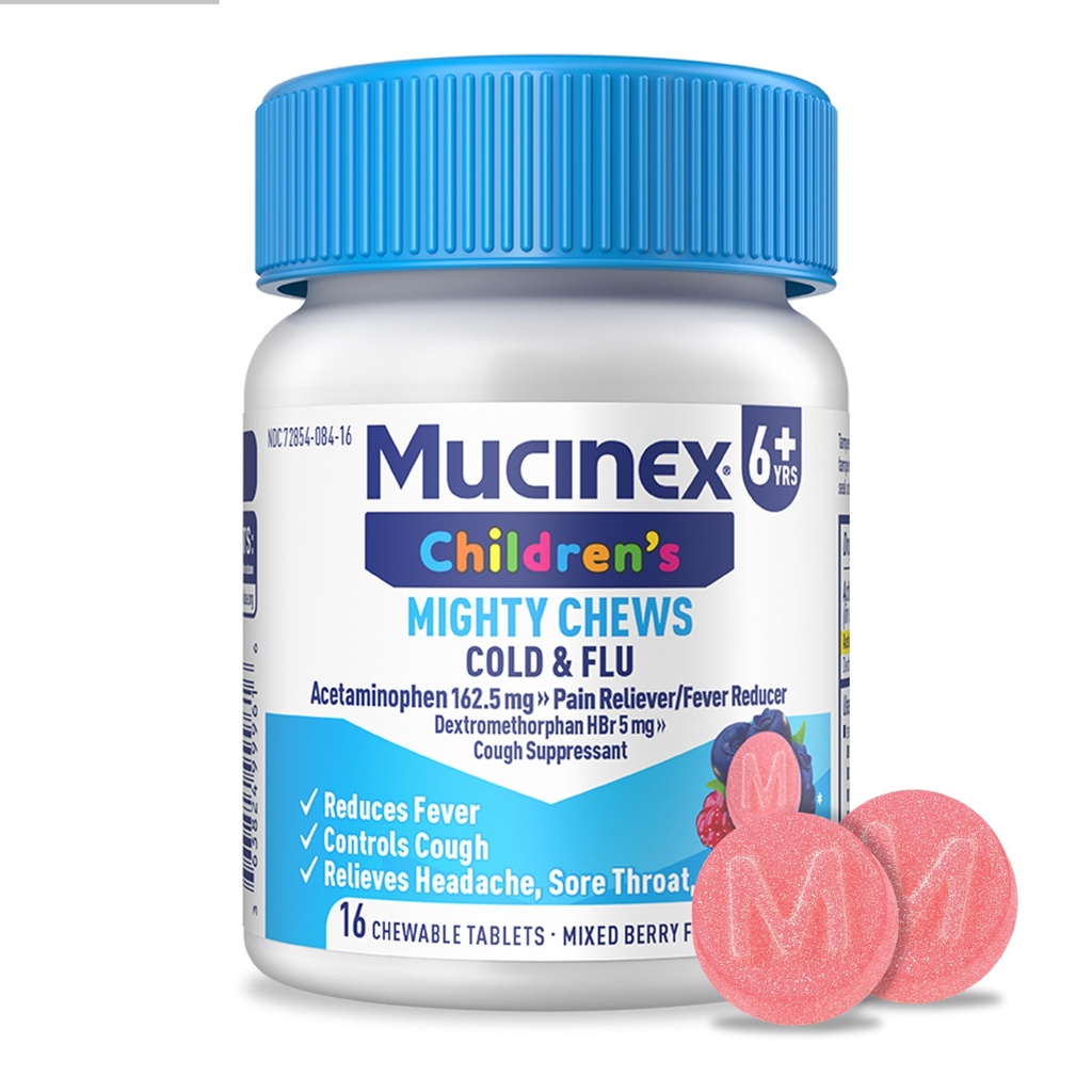 Mucinex Children's Mighty Chews Cold and Flu Medicine, Easy to Dose Children's Acetaminophen & Dextromethorphan, Kids Cough Medicine, Ages 6+, Mixed Berry Flavor, 16 Medicated Chewable Tablets