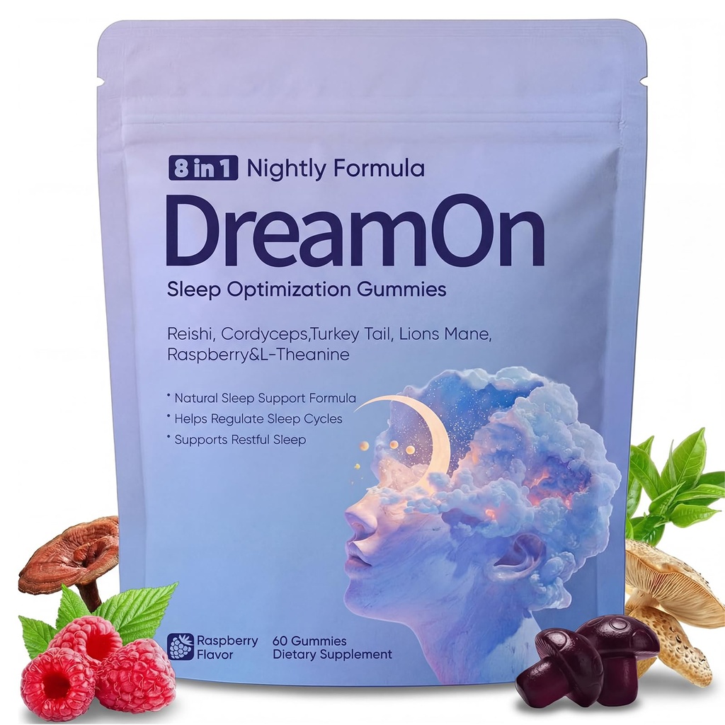DreamOn Sleep Optimization Gummies for Adult, with Reishi, Cordyceps, Lions Mane, Turkey Tail, L-Theanine, Magnesium & 2.5mg Melatonin for Sleep Support 60 Gummies