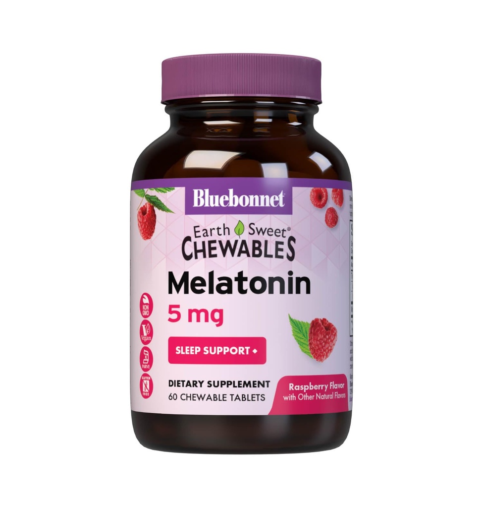 Bluebonnet EarthSweet Melatonin 5 mg Fast-Acting Quick Dissolve Nighttime Relaxation & Restful Sleep Support - Sleep Aid - Gluten-Free, Vegan - Raspberry Flavor - 60 Chewable Tablets