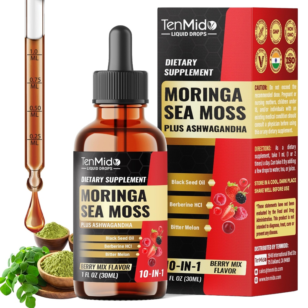 10in1 Moringa Leaf Liquid Drops with Sea Moss, Ashwagandha, Black Seed Oil, Berberine HCl, Bitter Melon, Ceylon Cinnamon, Milk Thistle, Turmeric and Ginger - 30 Days Supply - 1 Fl Oz