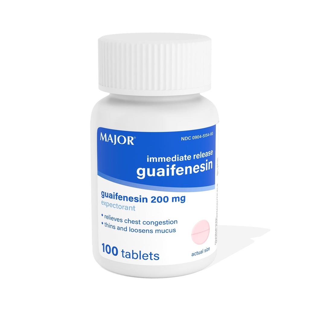 Belangrijke onmiddellijke afgifte Guaifenesin - Verlicht de spijsvertering van de borst, Thins en Loosens Mucus - 200 mg - 100 tabletten