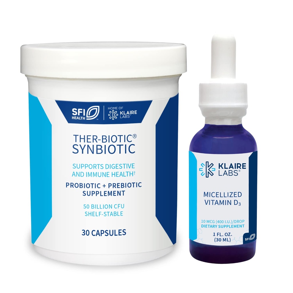 Klaire Labs Ther-Biotic Synbiotic Probiotic (30 Capsules) & Micellized Vitamin D3 Liquid for Children, Infants & Adults (600 Servings / 1 fl oz) Bundle - Low-FODMAP Probiotic Supplement & Vitamin D