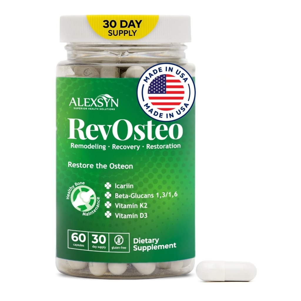 RevOsteo Bone & Metabolic Support – Advanced Bone Nutrition with Icariins, Vitamin K2, D3, Boron & Beta-Glucans – Vegan, Gluten-Free, Made in USA – 60 Capsules, 30-Day Supply