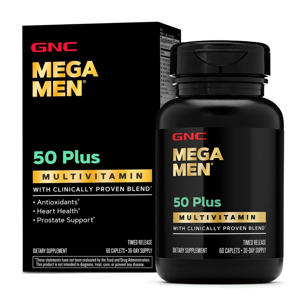 GNC Mega Men 50 Plus Multivitamine Caplets, Klinisch bewezen, Hart & Prostaat Gezondheid, B Vitaminen, Zag Palmetto, Geheugen, Vitamine D-3, 60 Tellen